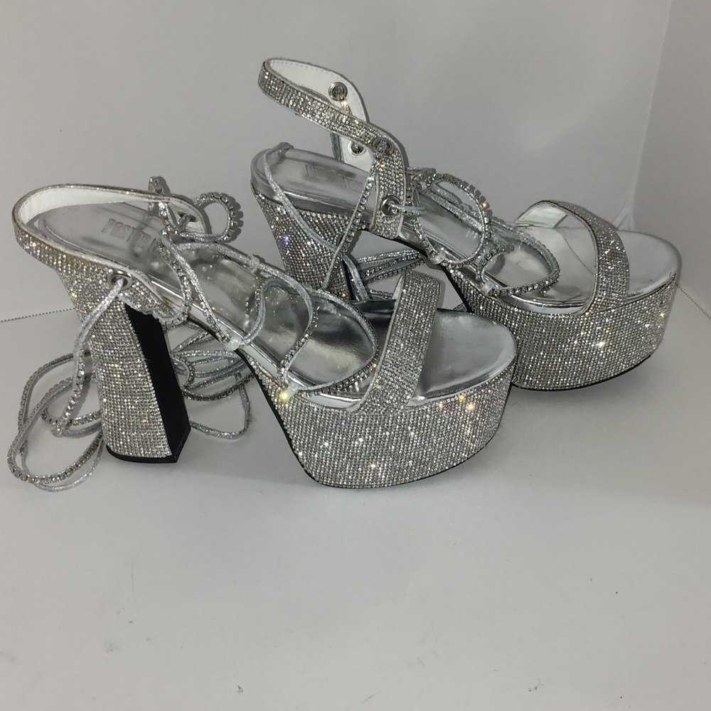 Dolls Kill Poster Girl Lace Up Silver Platform Heels 9